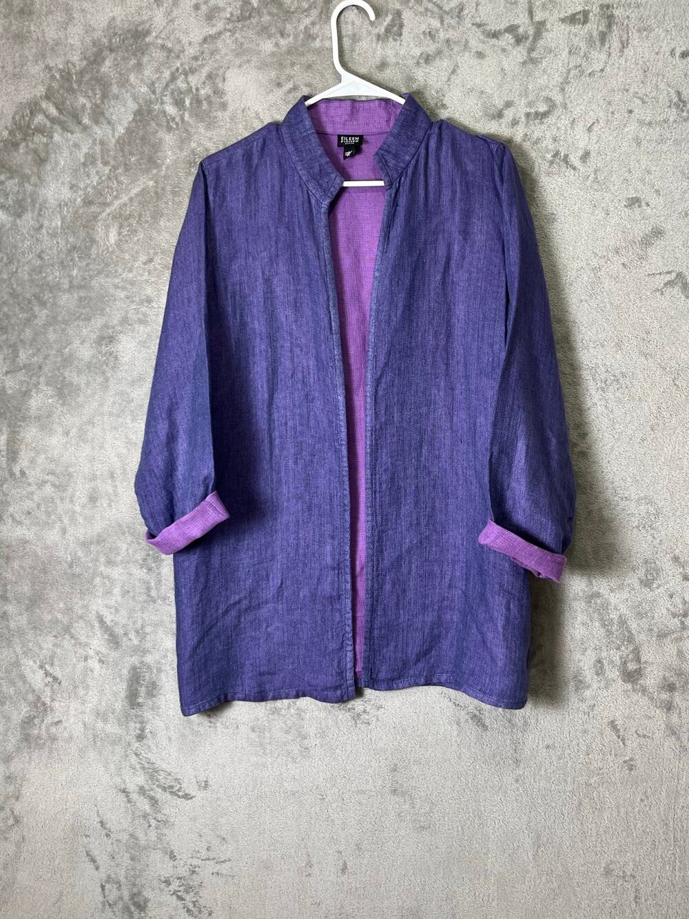 Eileen Fisher Irish Linen Open Front Jacket Purple Petite L Lagenlook Minimalist